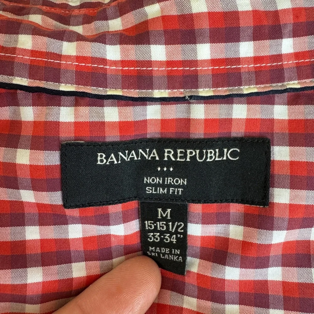 Banana Republic Men M Slim Fit Red Gingham Check LS Button Down Dress Shirt